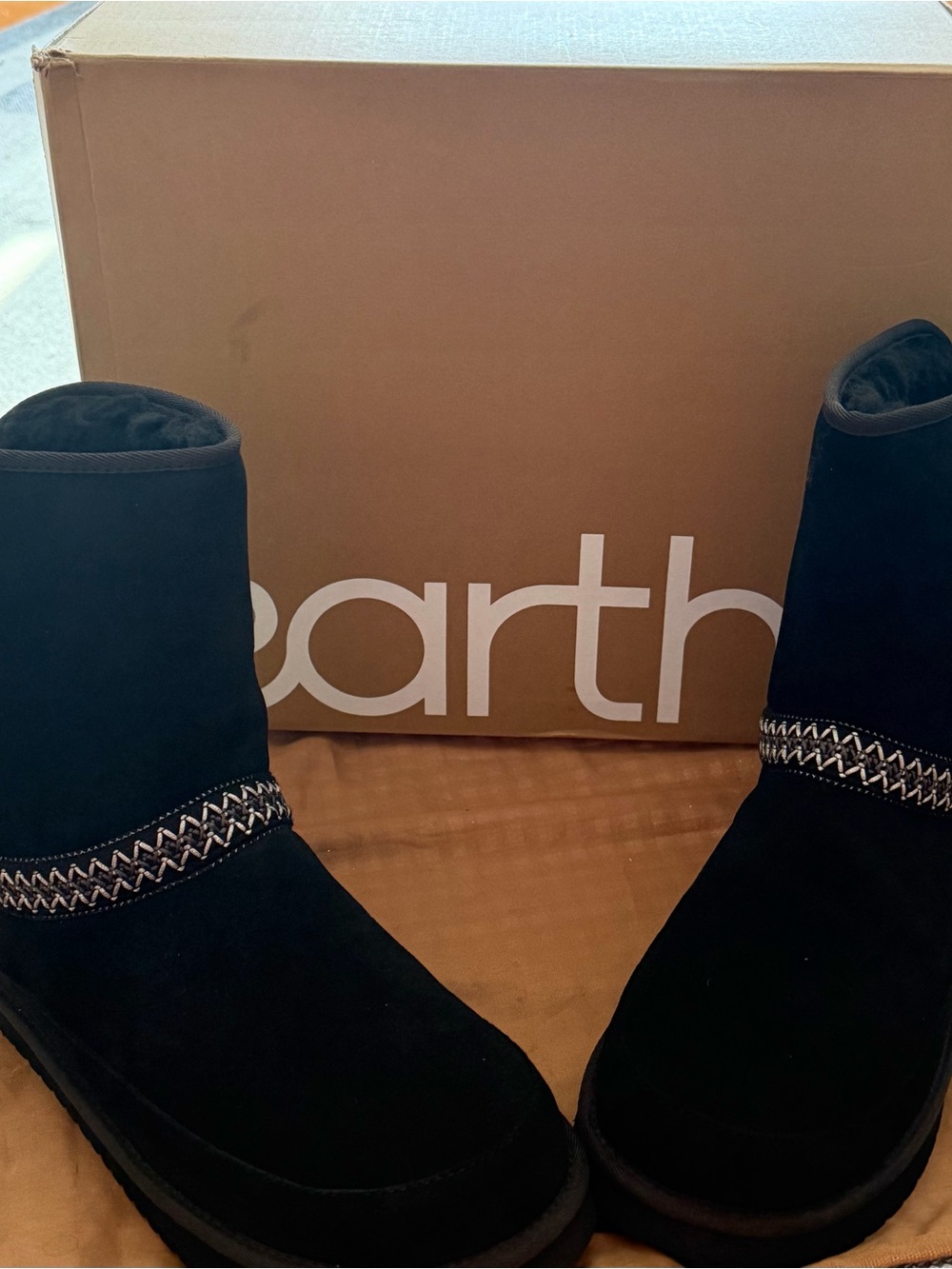 Earth Black Suede Short Slip-On Boots with Zigzag Stitch